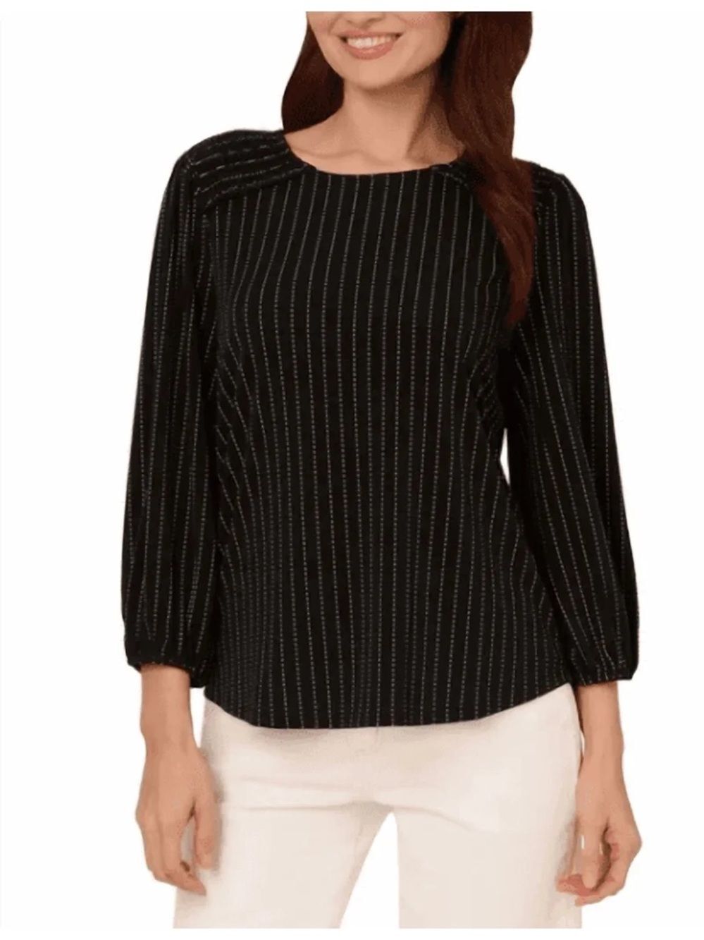 Adrianna Papell Black Blouse with White Pinstripes and Smocked Shoulders